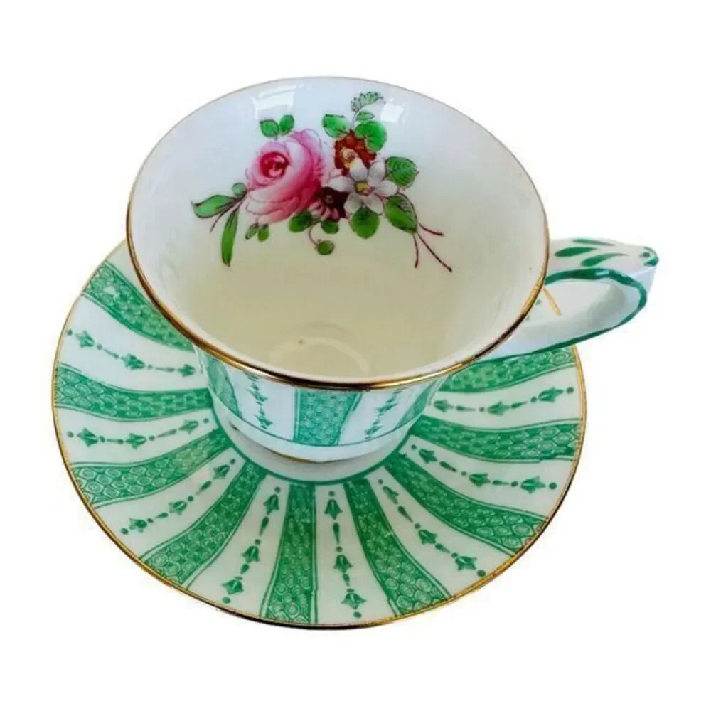 Crown Staffordshire Fine Bone China Demitasse Cup &‎ Saucer Green Lace Pink Rose